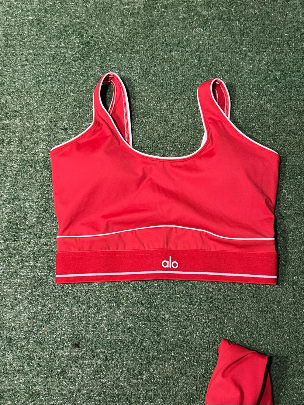 ALO Yoga Red Scoop Neck Swim Top with White Piping